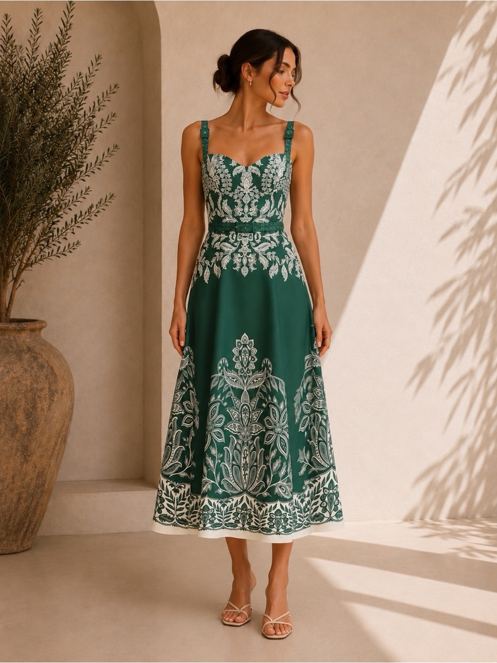 Commense Green Baroque Floral Belted Cami Maxi Dress XS | Resort Occasion Dress - Picture 1 of 6